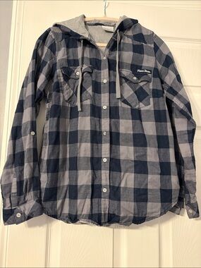 Columbia Penn State Navy and Gray Plaid Hooded Button-Down Shirt- Medium